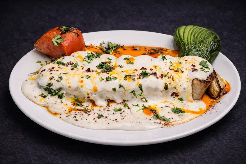 İskender Kebab at Lokum Restaurant & Bakery, Thin-sliced döner over bread with tomato sauce and butter, served with yogurt (Myrtle Beach, SC)