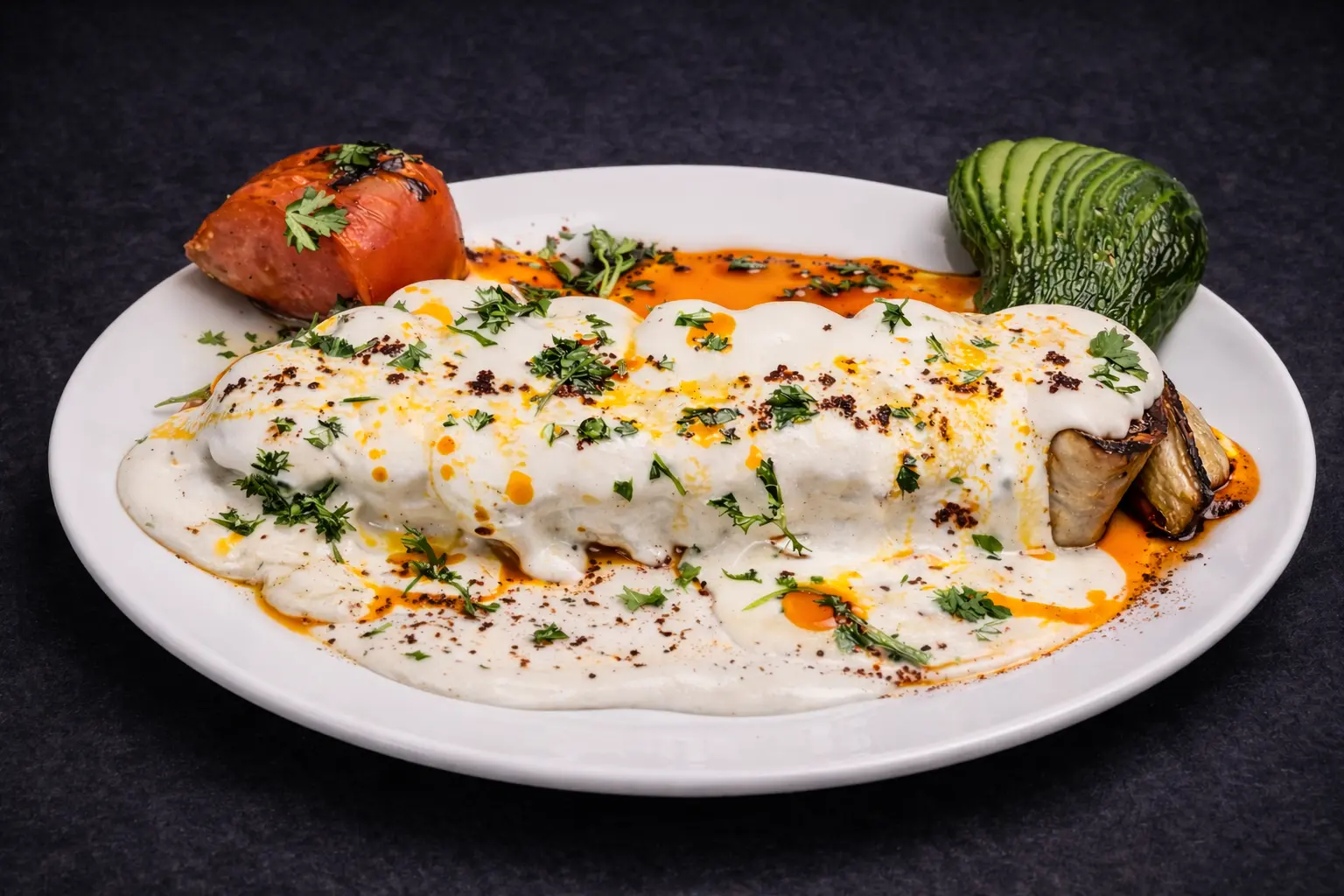 Beyti Kebab at Lokum Restaurant & Bakery — Turkish chef special, halal kebab wrapped in lavash, baked, topped with warm tomato sauce and yogurt (Myrtle Beach, SC)