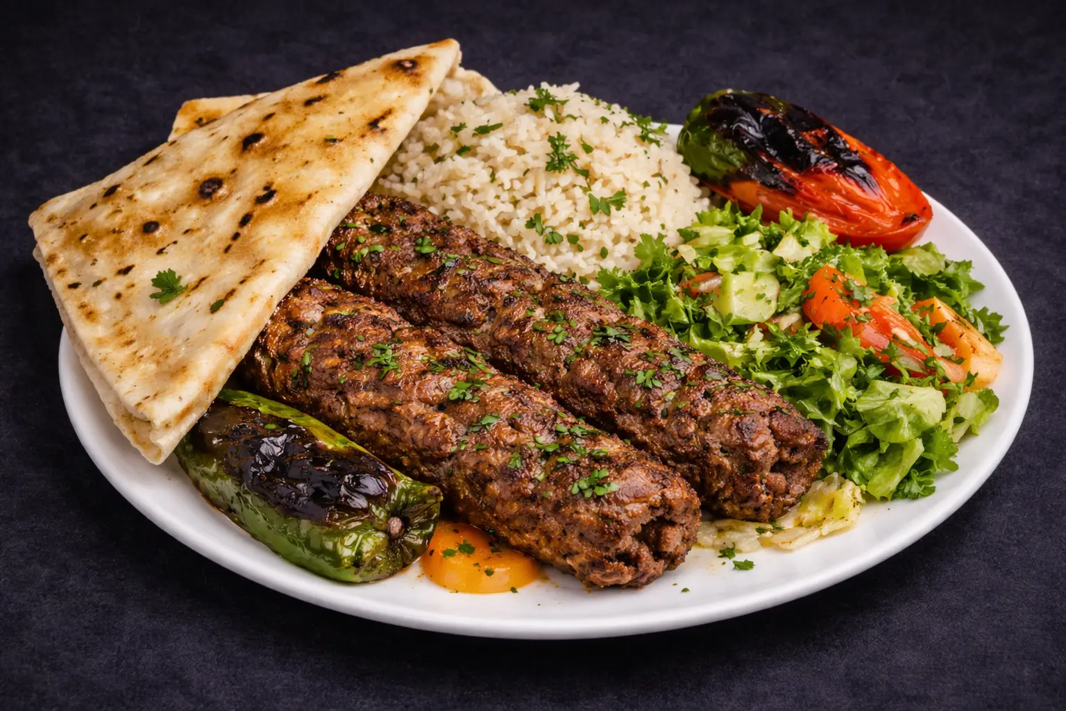 Lamb Adana Kebab at Lokum Restaurant & Bakery — spicy Turkish minced lamb kebab grilled over open flame, halal (Myrtle Beach, SC)