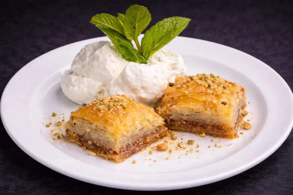 Kunefe at Lokum Restaurant & Bakery, Crispy shredded pastry with cheese, baked golden and soaked in sweet syrup (Myrtle Beach, SC)