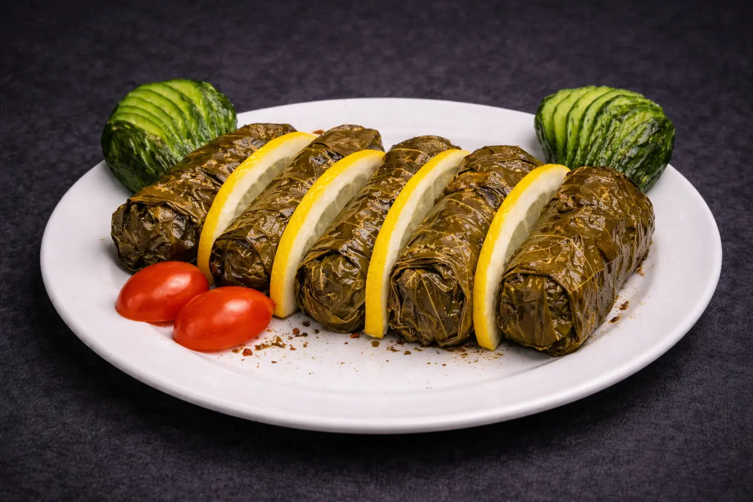 Stuffed grape leaves at Lokum Restaurant & Bakery — dolma with seasoned rice, herbs and lemon, vegetarian appetizer (Myrtle Beach, SC)